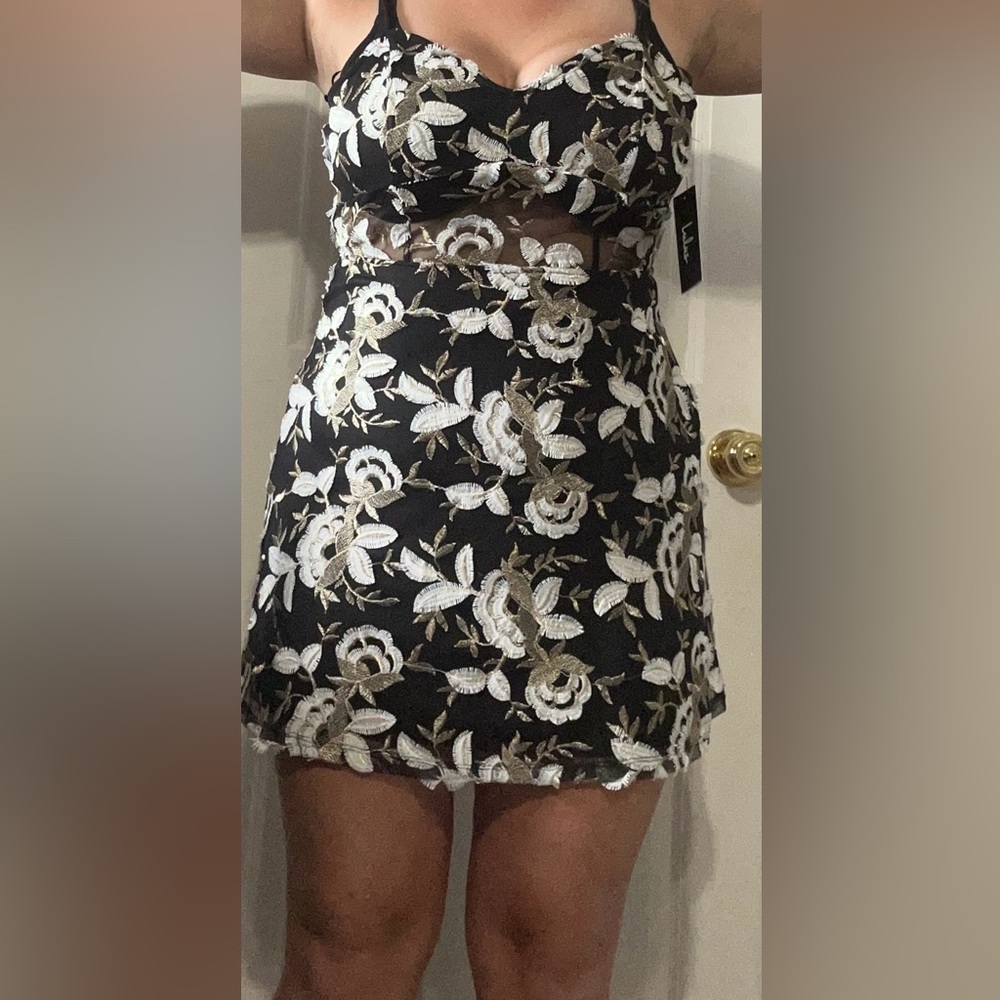 Floral black dress with mesh waist line